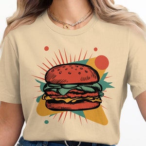 Camiseta gráfica retrô de hambúrguer, camiseta retrô para amantes de fast food, camisa divertida com design de hambúrguer, moda urbana legal, ideia de presente exclusiva