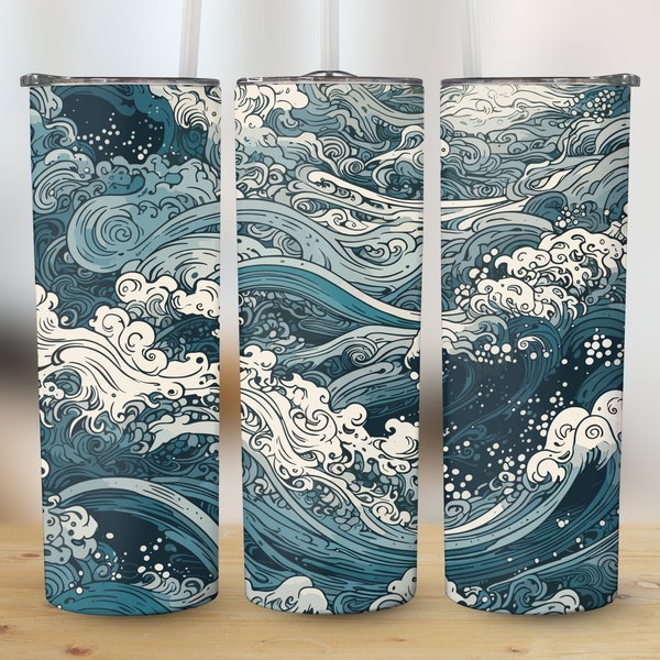 Eastern Style Waves 20oz Sublimation Tumbler Designs, Straight & Tapered Tumbler Wrap PNG, Instant Download