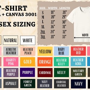 May include: A chart showing unisex sizing for t-shirts from Bella + Canvas 3001. The chart shows sizes from S to 3XL with corresponding width and length measurements in inches. Below the chart is a color chart with 20 different color options for the t-shirts.