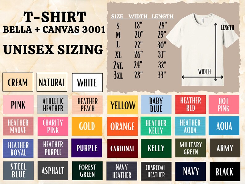 May include: A chart showing unisex sizing for t-shirts from Bella + Canvas 3001. The chart shows sizes from S to 3XL with corresponding width and length measurements in inches. Below the chart is a color chart with 20 different color options for the t-shirts.