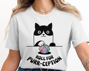 Cute cat d20 dice T-Shirt, Funny roll for purr-ception tee for gamers, Adorable cat lover gift, Geeky tabletop RPG shirt