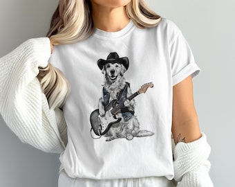 Country Rock Dog Playing Guitar T-Shirt, Funny Golden Retriever with Guitar Tee, Cool Dog Music Lover Shirt