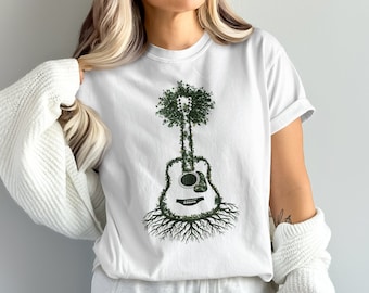 Tree Guitar Graphic Tee, Nature Music Lover Shirt, Eco Friendly Musician T-Shirt, Artistic Guitar Print Top, Unique Music Gift