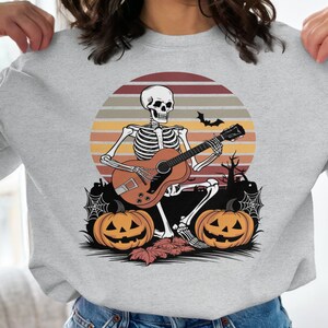 Halloween Skeleton Guitarist T-Shirt, Spooky Music Lover Tee, Skeleton Playing Guitar Shirt, Halloween Costume Top image 7