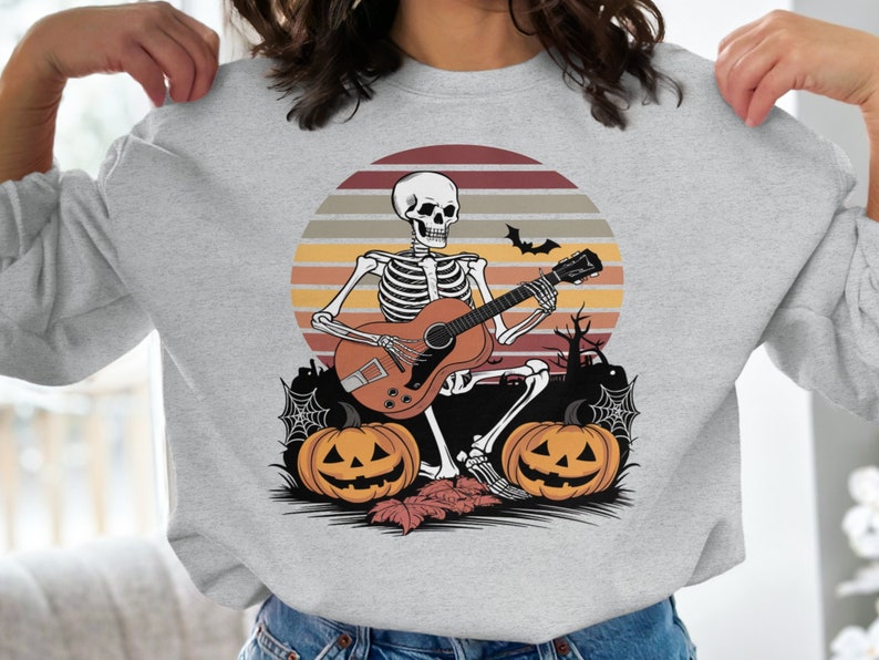 Halloween Skeleton Guitarist T-Shirt, Spooky Music Lover Tee, Skeleton Playing Guitar Shirt, Halloween Costume Top image 7