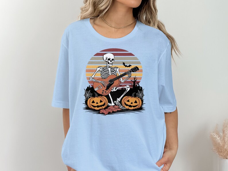 Halloween Skeleton Guitarist T-Shirt, Spooky Music Lover Tee, Skeleton Playing Guitar Shirt, Halloween Costume Top image 6