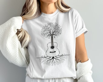 Tree Guitar Art T-Shirt, Unique Music Lover Shirt, Artistic Guitar Tee, Tree of Life Design, Gift for Musicians, Music Art Tee