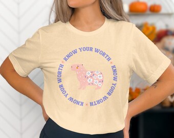 Know Your Worth Capybara T-Shirt, Motivational Graphic Tee, Positive Message Shirt, Cute Capybara Design Top, Inspirational Apparel