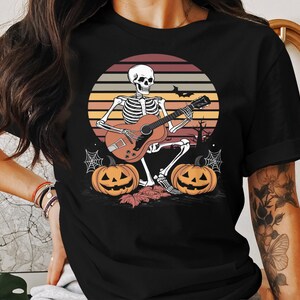 Halloween Skeleton Guitarist T-Shirt, Spooky Music Lover Tee, Skeleton Playing Guitar Shirt, Halloween Costume Top image 1