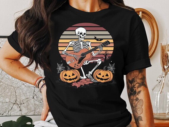 Halloween Skeleton Guitarist T-Shirt, Spooky Music Lover Tee, Skeleton Playing Guitar Shirt, Halloween Costume Top
