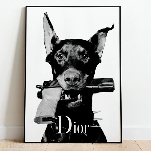 Doberman Gun affiche numérique mode luxe affiche téléchargement mode imprimable Doberman minimaliste art mural luxe mode art mural Hypebeast