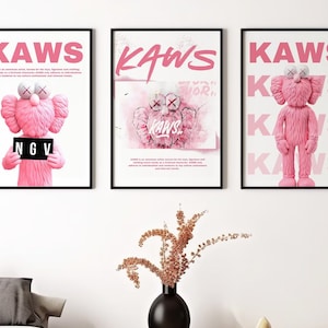 Affiche rose Hypebeast, lot de 3, figurine Hypebeast, téléchargement numérique, graffiti kaws, décoration minimaliste imprimable Hypebeast