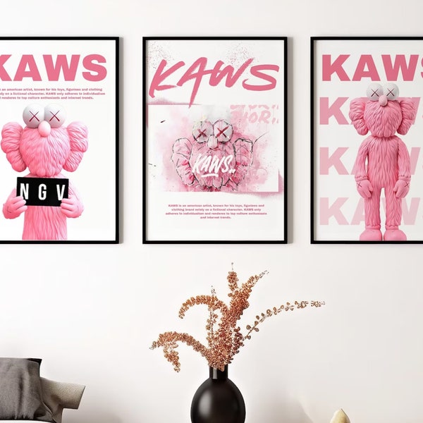 Pink Hypebeast Figure Poster, Set of 3,Hypebeast Figure, digital download, kaws graffiti,Printable Minimalist Hypebeast Decor