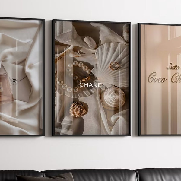 3 impressions de luxe beiges, lot de 3, art mural design, art Chanel