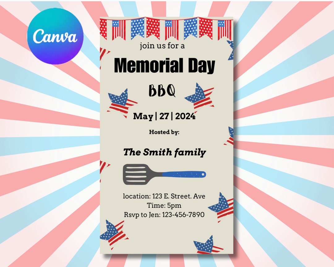 Memorial Day BBQ Invitation Digital Announcement Svg Png Editable ...