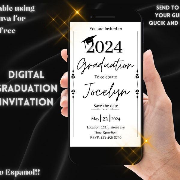 Kindergarten graduation invitation black and white digital class of 2024 announcement