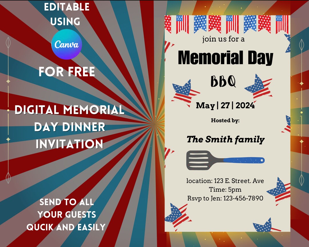 Memorial Day BBQ Invitation Digital Announcement Svg Png Editable ...