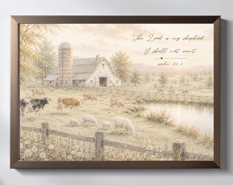 Psalm 23 Bauernhaus Kunstdruck, Aquarell Schaf Wiese Schrift (Digitaler Download)