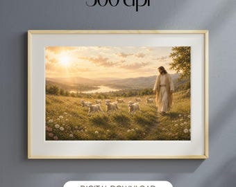 Jesus Schäfer Lämmer Wiese christlicher Kunstdruck (Digital Download)