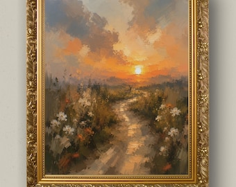 Sunset Meadow Path, Wandbild, stimmungsvoller impressionistischer Landschaftsdruck