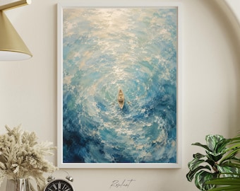 Lone Boat Drift Wandkunst Poster Abstrakter Ozean Impressionistisches Gemälde