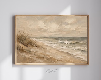 Abstrakter Sommer Küstendruck, bewölkter Ozean Seelandschaft druckbare Wandkunst, gedämpfte neutrale Strand Hausdekor, launische Landschaft digitaler Download