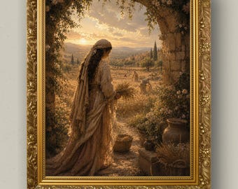Ruth im Weizenfeld Ölgemälde, Biblischer Cottagecore Christliche Wandkunst (digitaler Download)