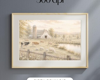 Bauernhaus Landschaft Aquarell Druck, rustikale Landschaft Wandkunst (digitaler Download)
