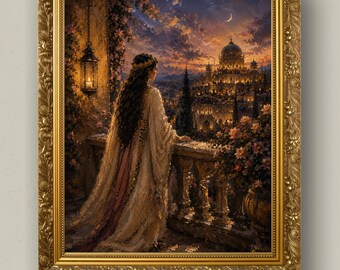 Königin Esther Balkon Ölgemälde, stimmungsvolle Biblische Cottagecore Wand Kunst (Digitaler Download)