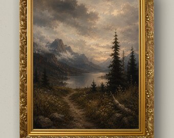 Stimmungsvolle Bergsee Landschaft Ölgemälde Druck: Vintage Natur Wandkunst (Digitaler Download)