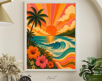 Retro Tropischer Sonnenuntergang Druck Bunte Strand Wand Kunst Hawaiianische Küsten Dekor Vintage Surf Poster Hibiskus Ozean druckbare Kunst
