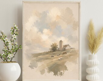 Quiet Meadow Farm Wand Kunst Poster / Leinwand Vintage Impressionist Bauernhaus Strukturierter Landschaftsdruck
