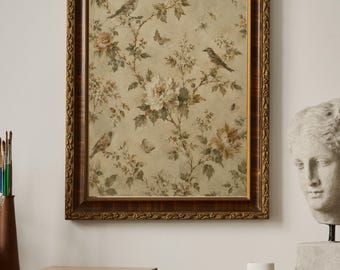 Vintage botanische Tapete, Wandbild, Kunst, Poster, Leinwand, neutraler Vogel- und Blumendruck