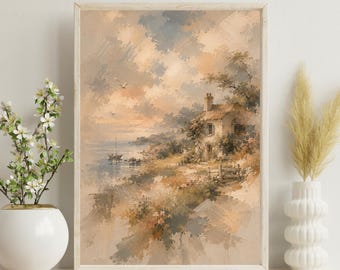 Verträumte Küste Cottage Kunst Poster / Leinwand Vintage impressionistische Küstenlandschaft Druck Digitaler Download