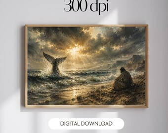 Jonah Whale Moody Christian Art, Biblische Küsten Ölgemälde, Dark Academia (Digitaler Download)