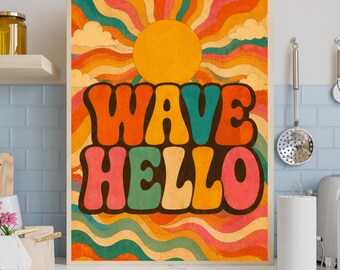 Welle Hallo Retro Wand Kunst | 70er Jahre Typografie Print | Groovy Sunshine Poster | Bunt Psychedelisch Printable | Vintage Sommer Dekor