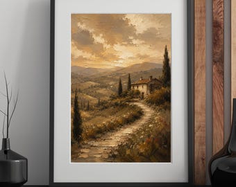 Toskanischen Sonnenuntergang Weg Wand Kunst Poster/Leinwand Vintage Impressionist Landschaft Ölgemälde Digitaler Download