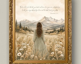 Sprüche 3:5-6 Christliche Wandkunst, Neutrale Berglandschaft Schrift Print (Digitaler Download)