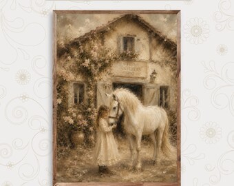 Vintage französischer Bauernhaus Kunstdruck, weißes Pferd Cottage Kern Dekor (digitaler Download)