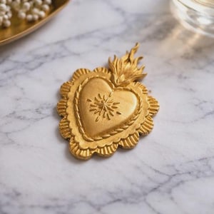 May include: A gold-colored, heart-shaped pendant with a flame at the top. The pendant has a detailed design with a scalloped edge and a starburst pattern in the center. The pendant is on a marble surface.