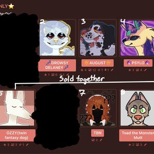 Pode incluir: Uma impressão de arte digital com nove retratos de animais de desenho animado com várias cores e designs. O texto inclui nomes como "August" e "Finn", e a frase "Sold together". O texto "Money Only" também é visível.