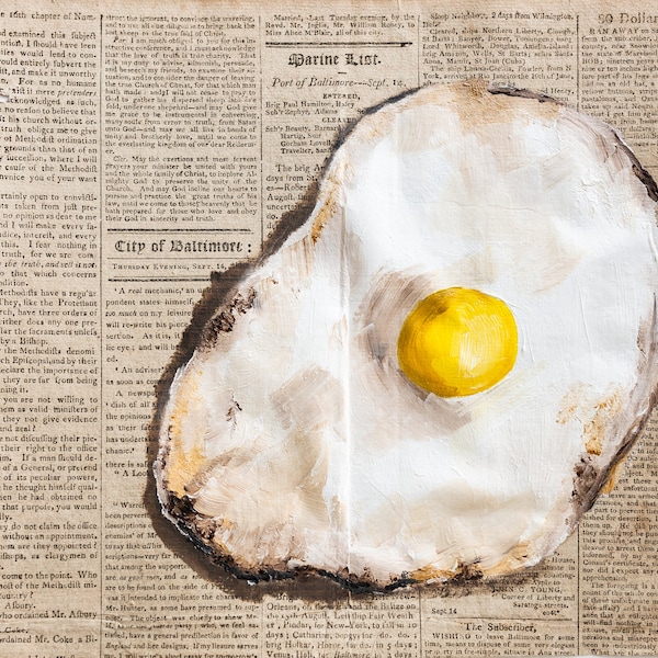 Original art on an antique paper, food art, painting of a fried egg, antique art