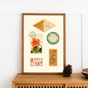 Vintage-Wandkunstdruck, Collage-Poster mit Briefmarken und Tickets, gelbe und grüne Ästhetik, Druck für Heimdekoration, sofortiger digitaler Download
