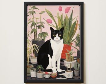 Stampa di piante domestiche, piante e Tuxedo Cat Art, stampa digitale, poster di piante, regalo mamma pianta