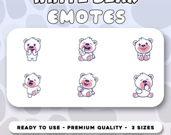 White Bear Emotes Theme Bundle Set 18 Sizes For Twitch In 6 Different Reactions | Instant Download File