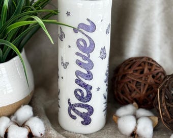 Custom Denver Tumbler: Lupine Butterfly Glitter, Lavender & Purple, 20 oz Slim