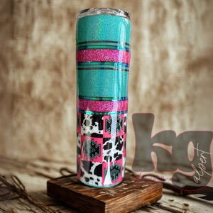 Western Vibes: 30oz Cowprint Tumbler for Your Hot Girl Summer, Glittery Cowgirl Tumbler in Pink Turquoise Iced Coffee Cup, Personalized