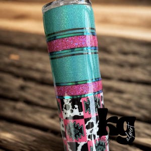 Pink Turquoise Cowprint Tumbler – Western Cowgirl Glitter Cup – 30oz Iced Coffee Cup – Rodeo Aesthetic Gift – Yeehaw Vibes – Hot Girl Summer