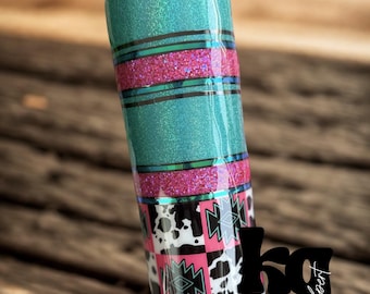 Copo com estampa de vaca rosa turquesa: copo de cowgirl ocidental com glitter