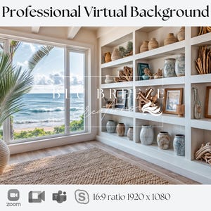 Beach House Summer Cottage Zoom Background for Virtual Meetings, Beach Home Decor for Minimalist Home Office Backdrop, Ocean Views